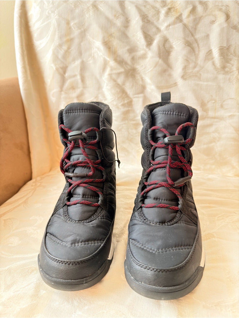 Sorel Black Quilted Boots with Red Accent Laces